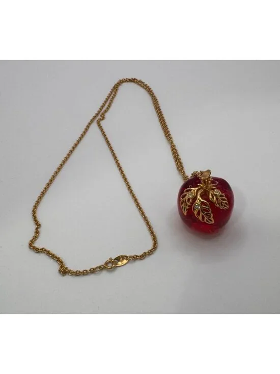 Vintage Avon Red Lucite Apple Pendant Necklace Gold Tone Rhinestone 32” - Picture 2 of 8
